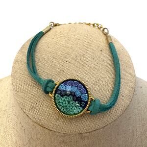 Murano Glass Millefiori Bracelet Gold Teal Suede Strap Spring Ring Clasp ITALY